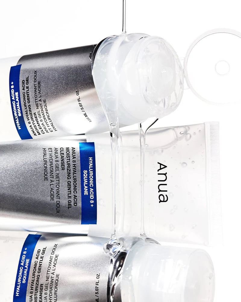 Anua 8 Hyaluronic Acid Moisturizing Gentle Gel Cleanser tube with water droplets, showcasing gentle Korean skincare hydration and cleansing.