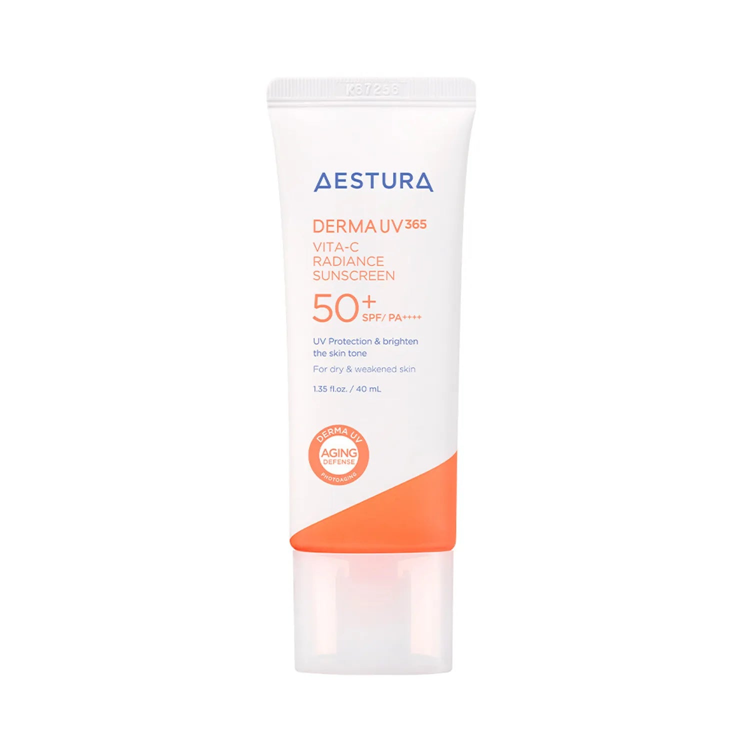 AESTURA Derma UV 365 Vita-C Radiance Sunscreen SPF50+ PA++++ in a 40ml tube for sun protection and skin brightening.