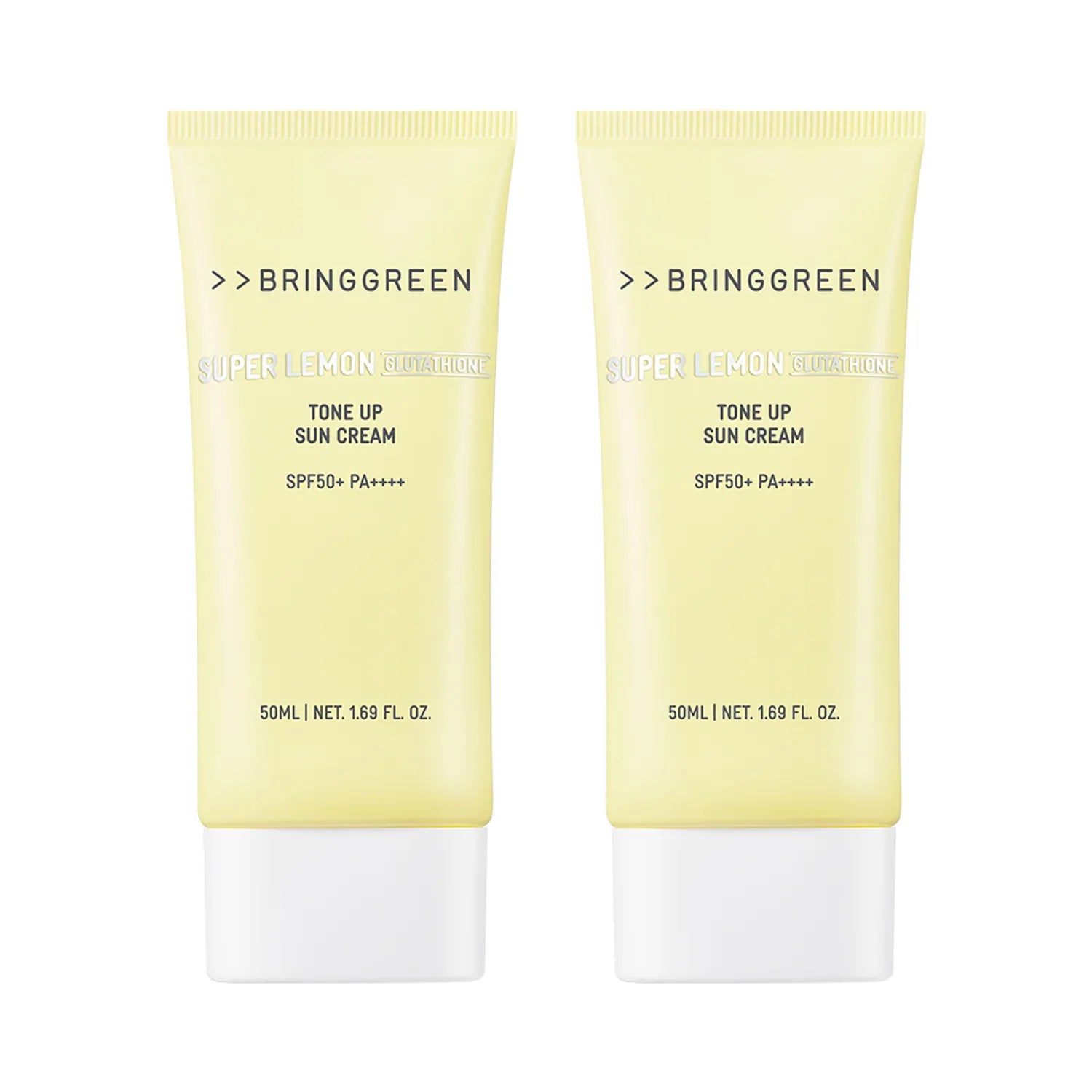 BRINGGREEN Super Lemon Glutathione Tone Up Sun Cream SPF 50+ – Korean brightening sunscreen set with Super Lemon Juice, Glutathione, and Vita Guard for photoaging care.