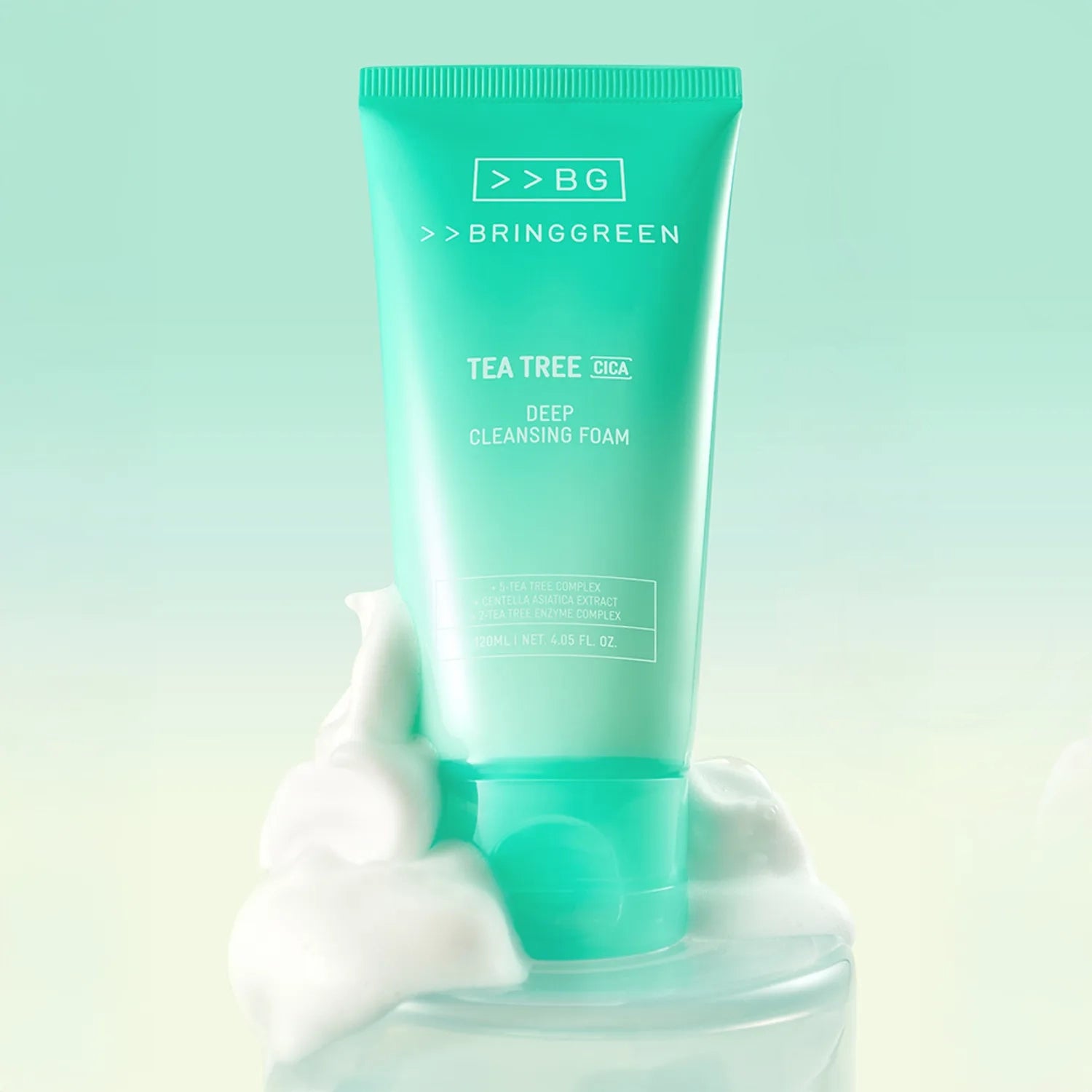 BRINGGREEN Tea Tree Cica Deep Cleansing Foam – Korean vegan foaming cleanser with enzyme powder, tea tree, and cica for deep pore care and soothing hydration.