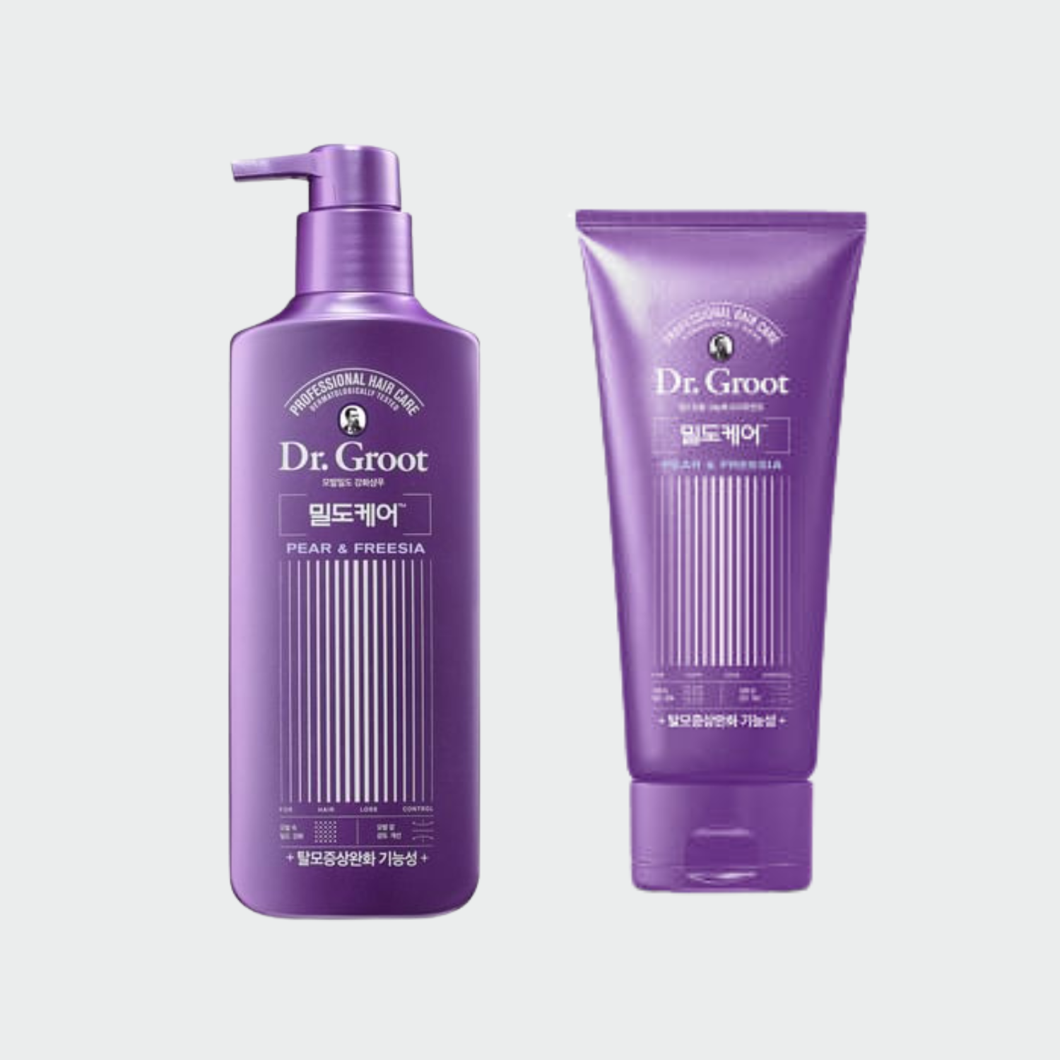 Dr. Groot shampoo bottle and tube on a light gray background