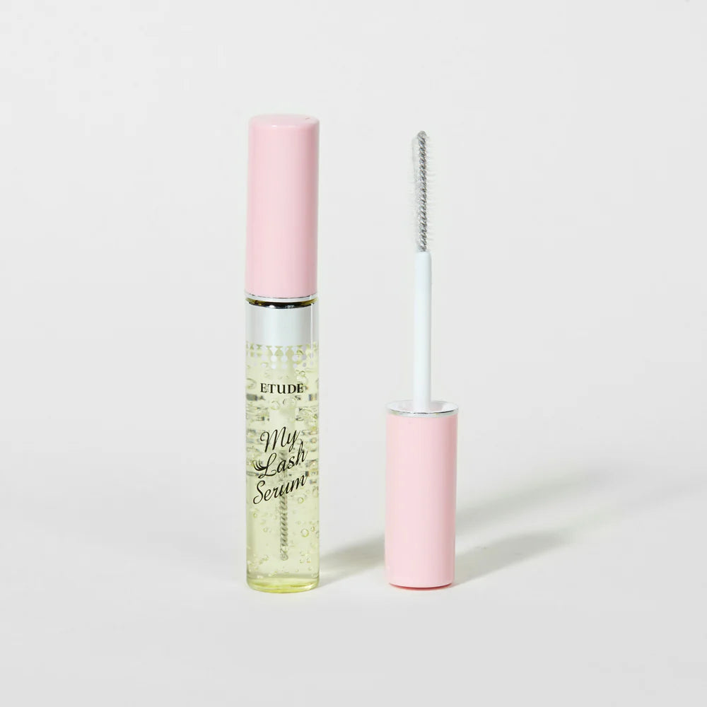 Etude My Lash Serum with pink applicator on a light gray background