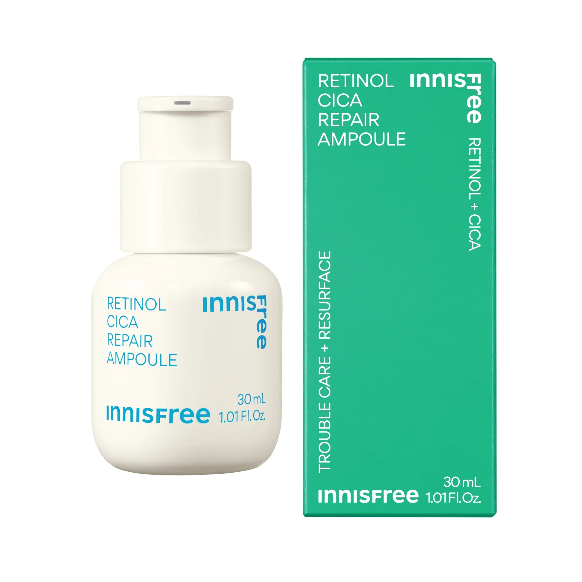 Innisfree 30ml green dropper bottle of retinol cica serum for acne-prone skin