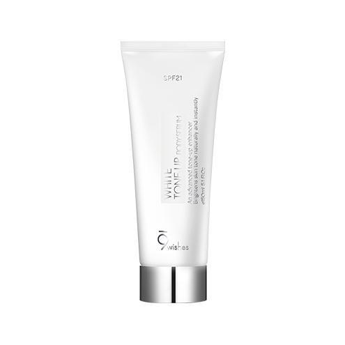 A white tube of 9wishes White Tone-Up Body Serum with product information and branding on it.