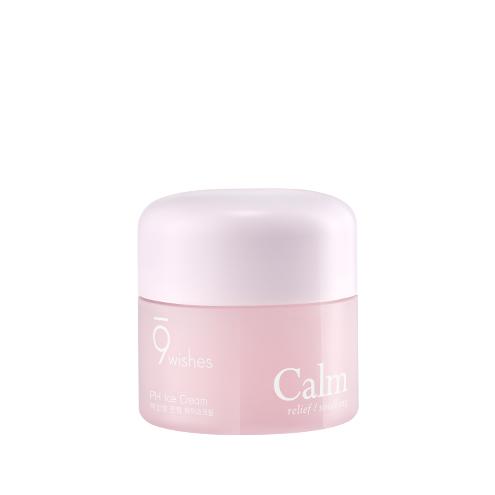 A pink jar of 9wishes pH Calm Ice Cream, labeled with the product name and branding.