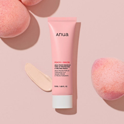 Anua Peach Niacin UV Tone Up Protection cream for Korean skincare, brightening and UV protection with peach tone finish.