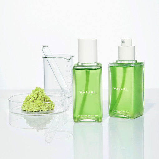 Vegan pore-tightening ampoule with wasabi extract for shrinking enlarged pores, controlling oil, and soothing skin.