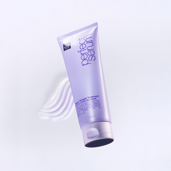 A tube of Mise-en-scene Perfect Magic Straight Serum Treatment with purple and white labeling.