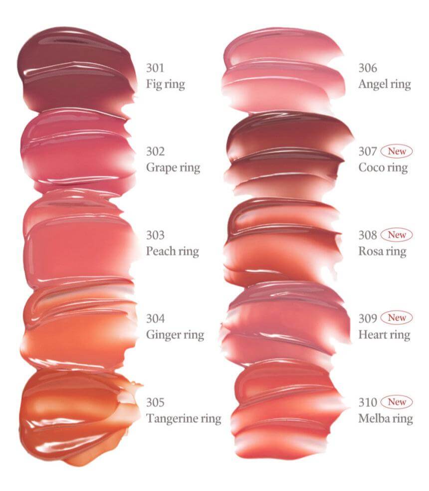 Swatches of Laka Jelling Nude Gloss in six shades, showcasing vibrant and glossy lip colors.