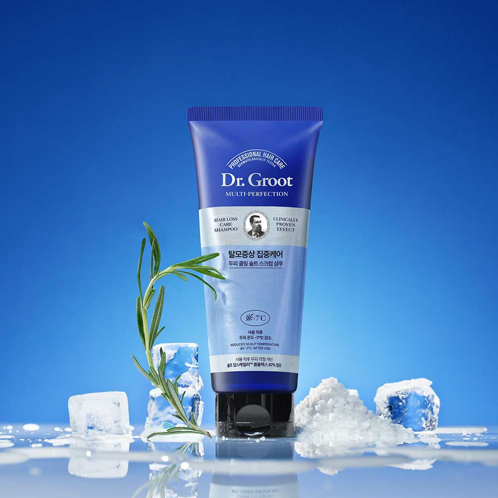 Dr.Groot Cooling Scrub Shampoo 200ml tube with icy blue label, Korean scalp exfoliant for oily, thinning hair