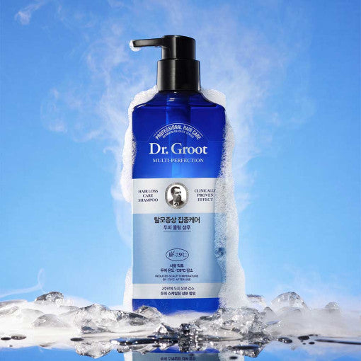 Dr.Groot Multi-Perfection Cooling Shampoo 400ml with icy blue-green design, Korean scalp care for thinning hair