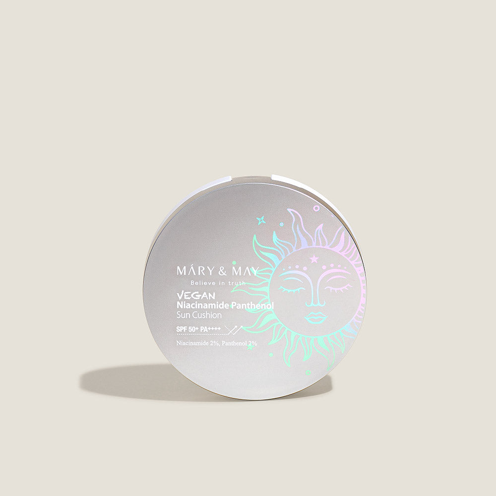 Vegan sun cushion with SPF 50+ PA++++, niacinamide, and hydrating ingredients for brightening and UV protection without white cast