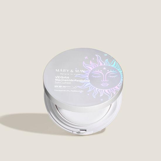 Vegan sun cushion with SPF 50+ PA++++, niacinamide, and hydrating ingredients for brightening and UV protection without white cast