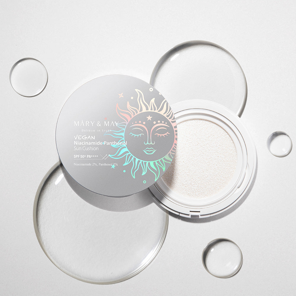 Vegan sun cushion with SPF 50+ PA++++, niacinamide, and hydrating ingredients for brightening and UV protection without white cast