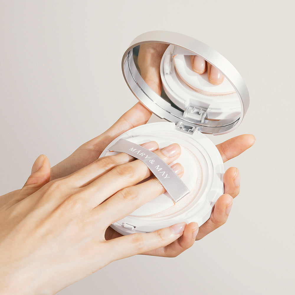 Vegan sun cushion with SPF 50+ PA++++, niacinamide, and hydrating ingredients for brightening and UV protection without white cast