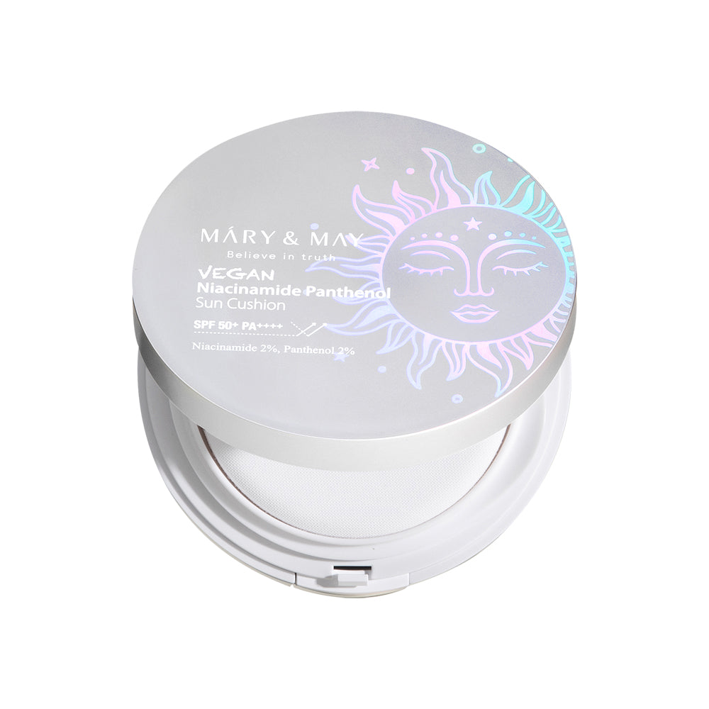 Vegan sun cushion with SPF 50+ PA++++, niacinamide, and hydrating ingredients for brightening and UV protection without white cast