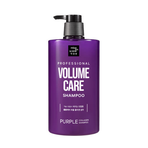 Large purple bottle of Mise en Scène Volume Care Collagen Shampoo with clean, minimal design