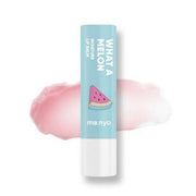 Soft pink lip balm in compact watermelon-themed packaging with a balm stick format
