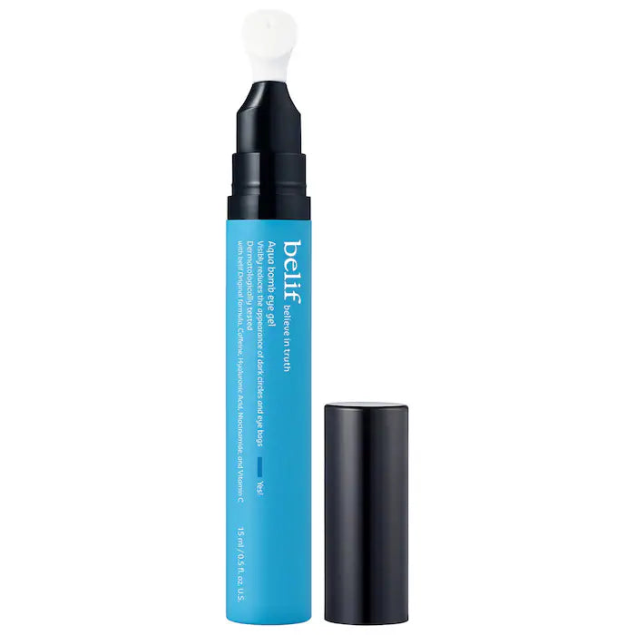 belif Aqua Bomb Eye Gel in light blue jar on white background