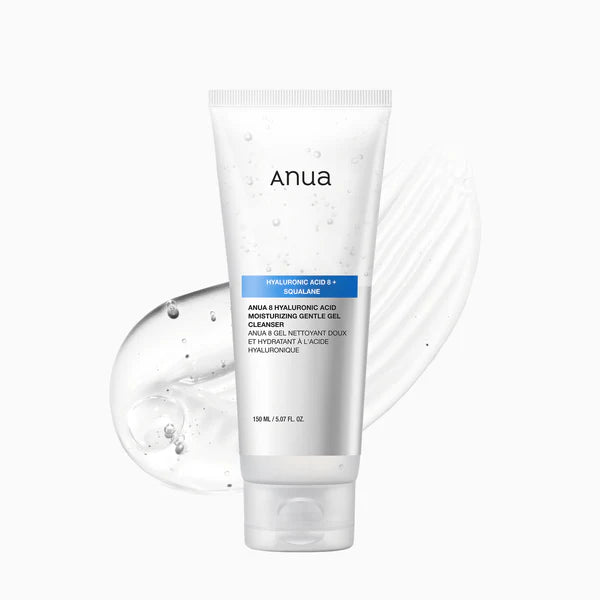 Anua 8 Hyaluronic Acid Moisturizing Gentle Gel Cleanser tube with water droplets, showcasing gentle Korean skincare hydration and cleansing.