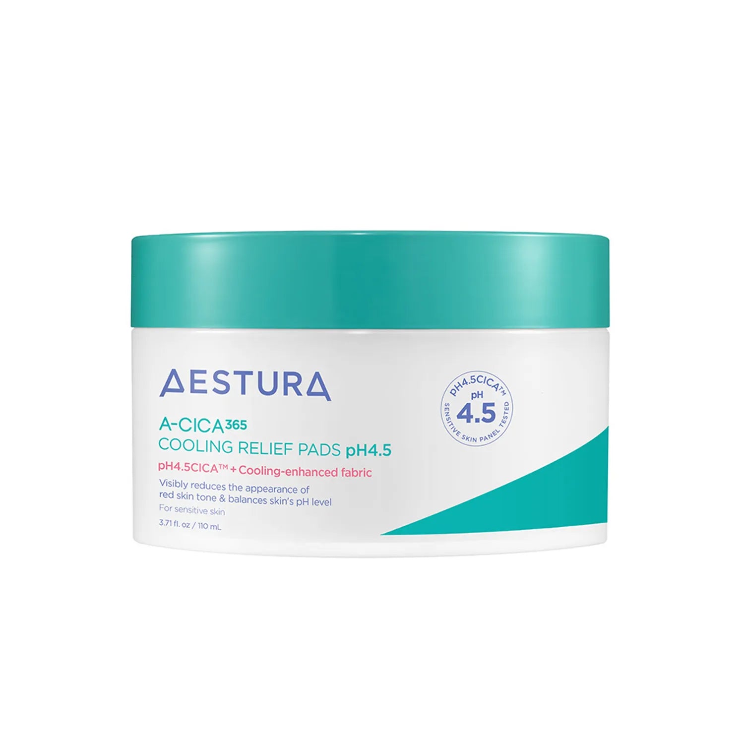 AESTURA A-CICA 365 Cooling Relief Pads in a 110ml jar with 60 pads for redness relief and cooling hydration.