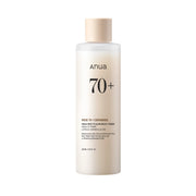 Anua Rice 70 Glow Milky Toner bottle with rice grains and milky liquid, showcasing Korean skincare hydration and brightening benefits.