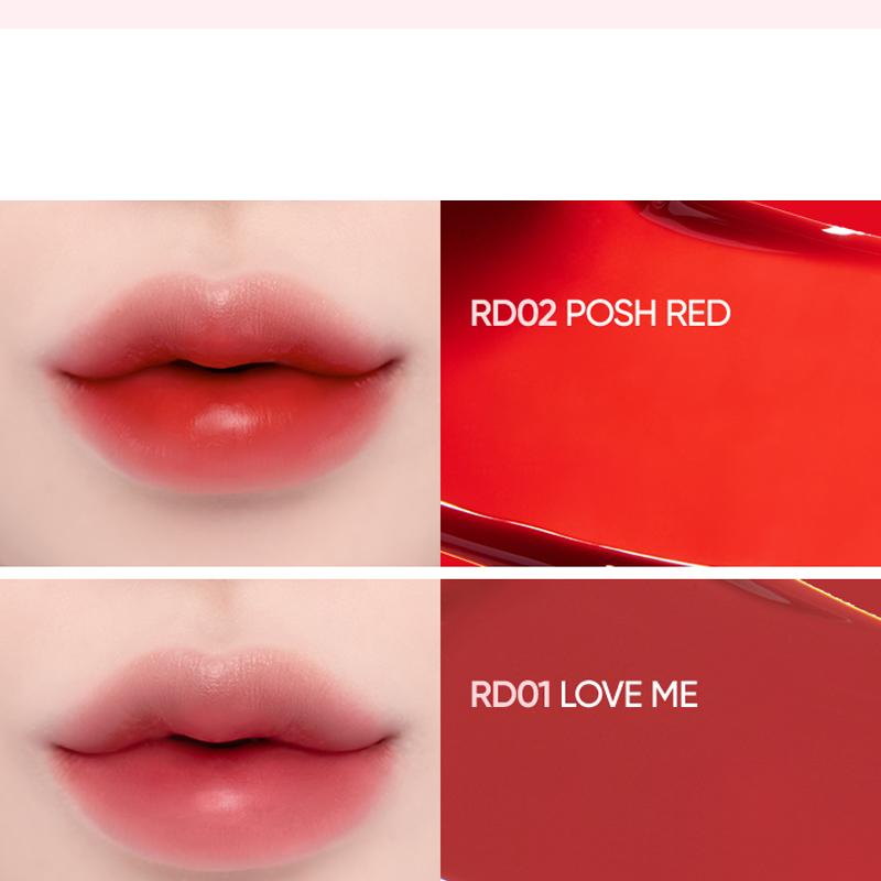 Lipstick shades RD02 Posh Red and RD01 Love Me shown on lips and a red background.