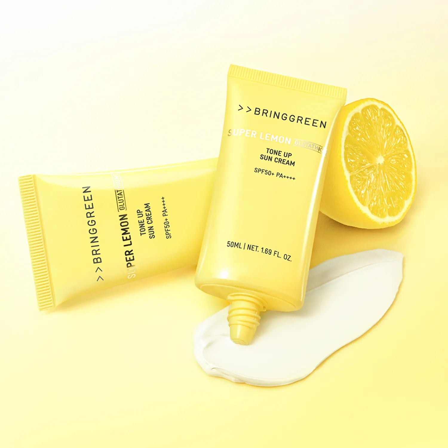 BRINGGREEN Super Lemon Glutathione Tone Up Sun Cream SPF 50+ – Korean brightening sunscreen set with Super Lemon Juice, Glutathione, and Vita Guard for photoaging care.