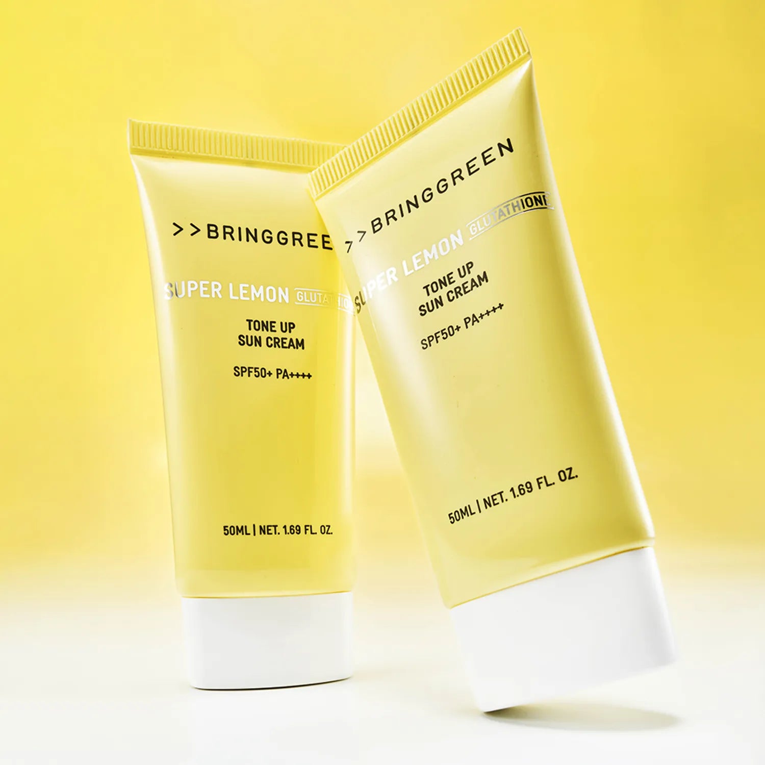 BRINGGREEN Super Lemon Glutathione Tone Up Sun Cream SPF 50+ – Korean brightening sunscreen set with Super Lemon Juice, Glutathione, and Vita Guard for photoaging care.