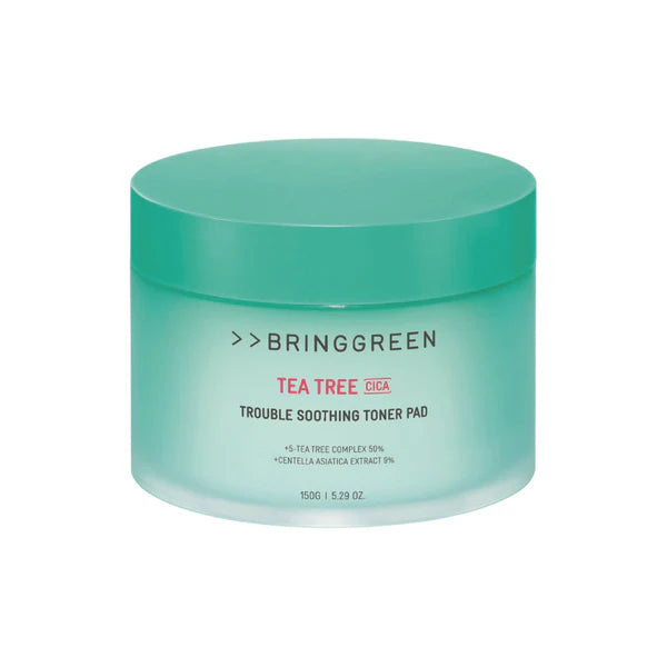 BRINGGREEN Tea Tree Cica Trouble Soothing Toner Pad – Korean acne care toner pads with 5-Tea Tree Complex, cica, LHA, and terpinen-4-ol for exfoliating and calming skin.