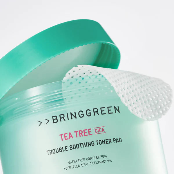 BRINGGREEN Tea Tree Cica Trouble Soothing Toner Pad – Korean acne care toner pads with 5-Tea Tree Complex, cica, LHA, and terpinen-4-ol for exfoliating and calming skin.