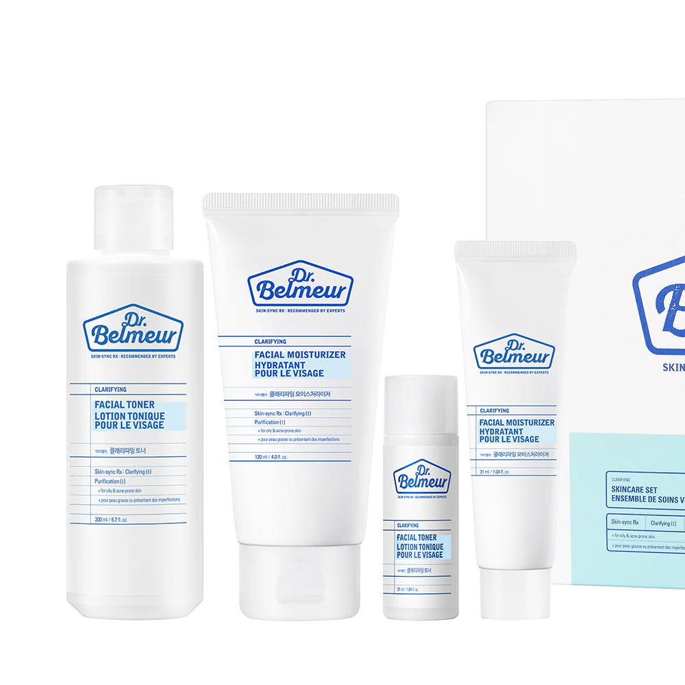 Dr. Belmeur Clarifying Skincare Set with full and travel sizes of toner and moisturizer in fresh, minimal blue-white packaging