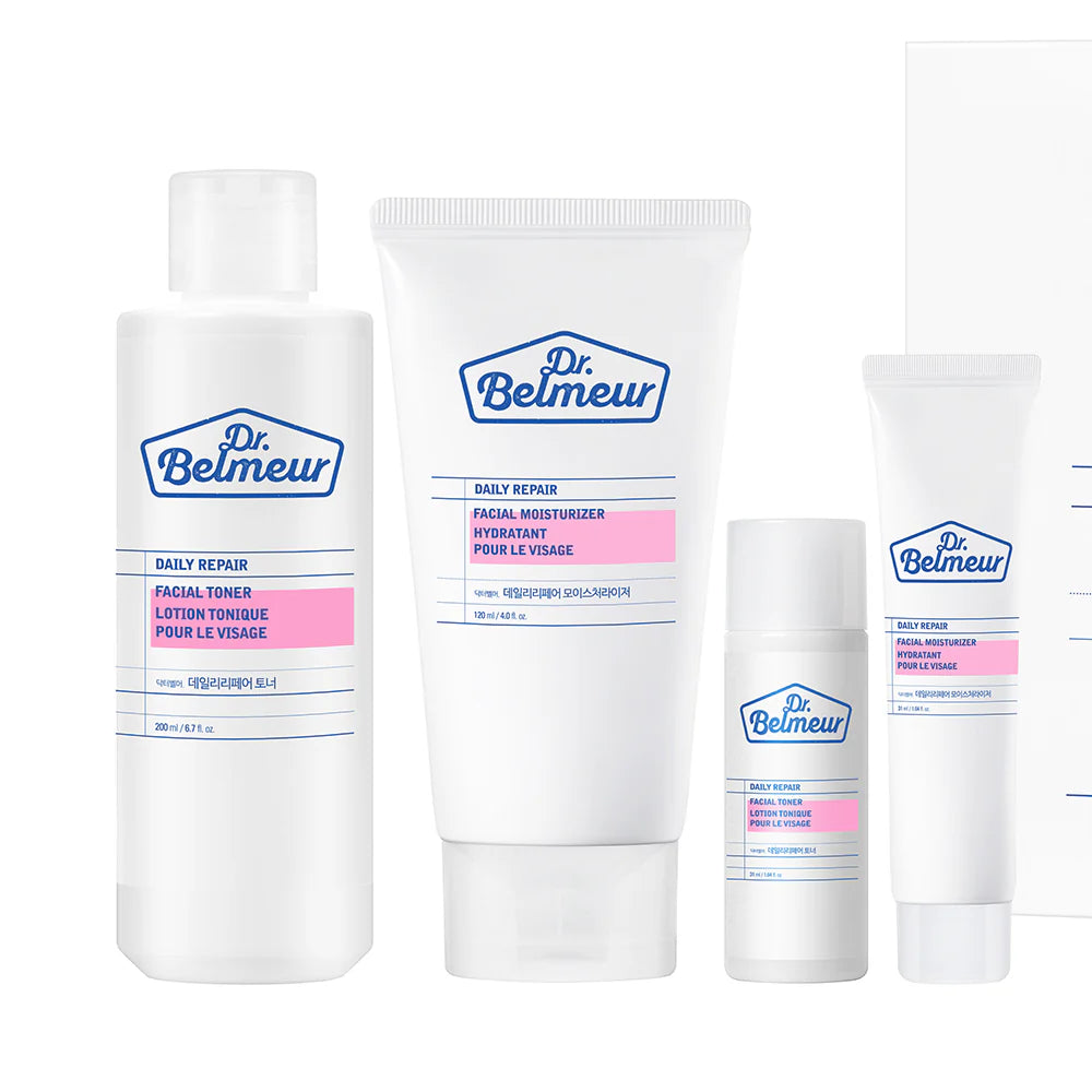 Dr. Belmeur Daily Repair Skincare Set with full and travel sizes of toner and moisturizer in soft, calming packaging