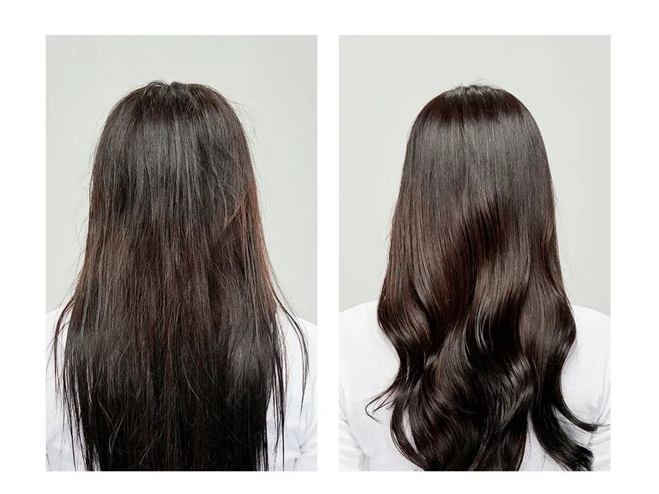 Before and after comparison of long, dark hair on a plain background