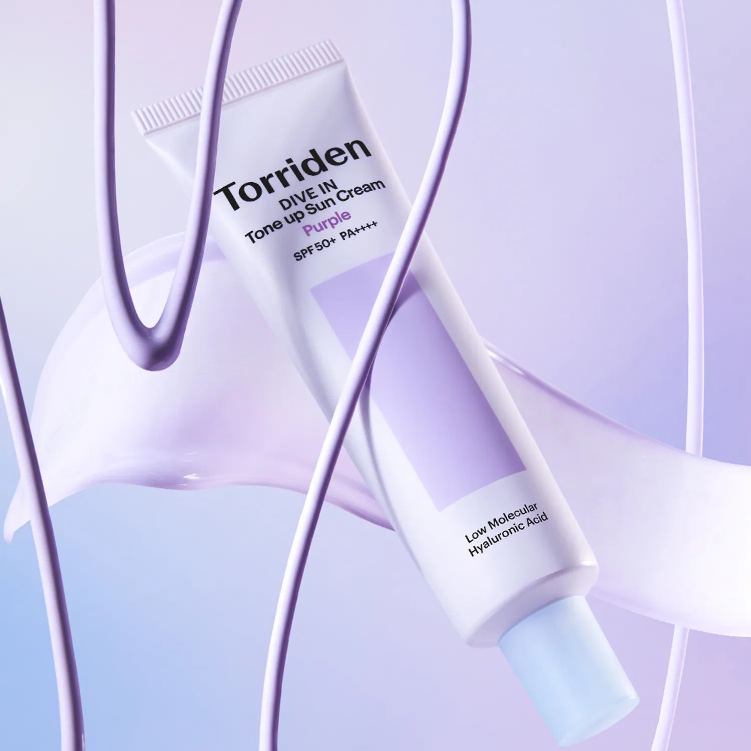 Torriden Purple Tone Up Sunscreen tube with lavender-tinted cream, sleek pastel design