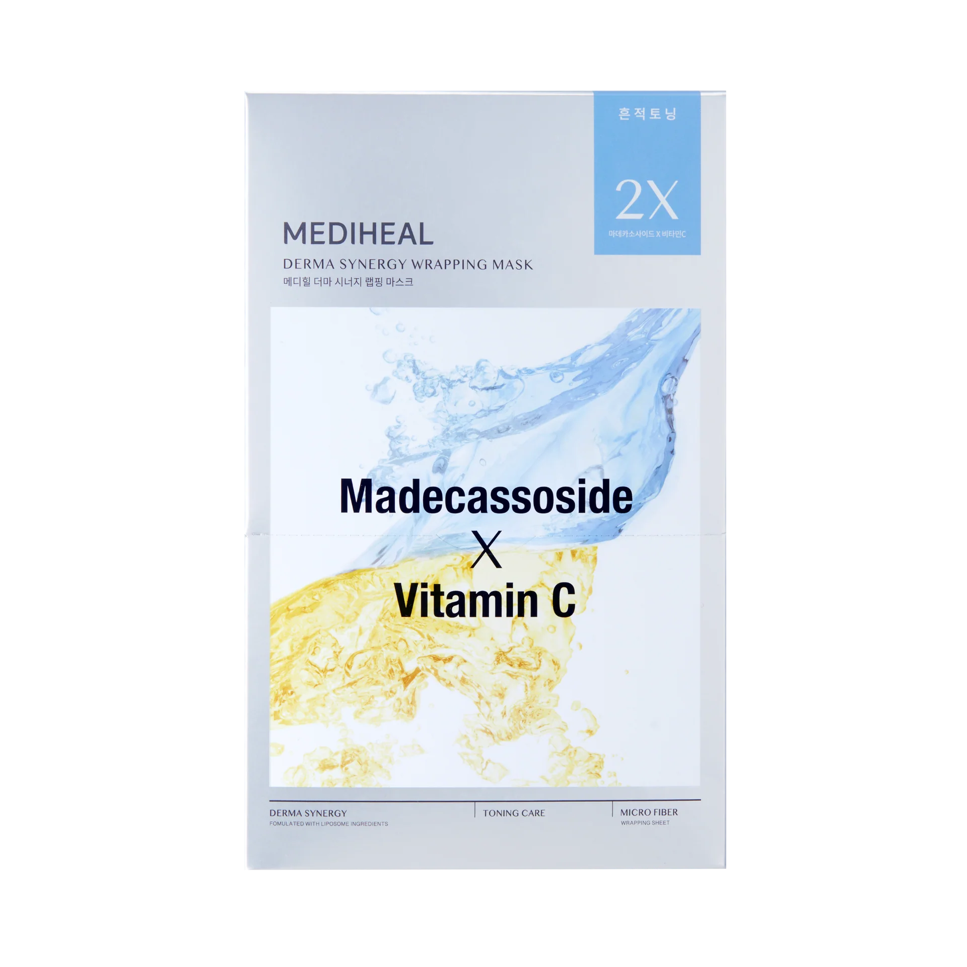 Mediheal derma synergy wrapping mask packaging with Madecassoside and Vitamin C on a white background