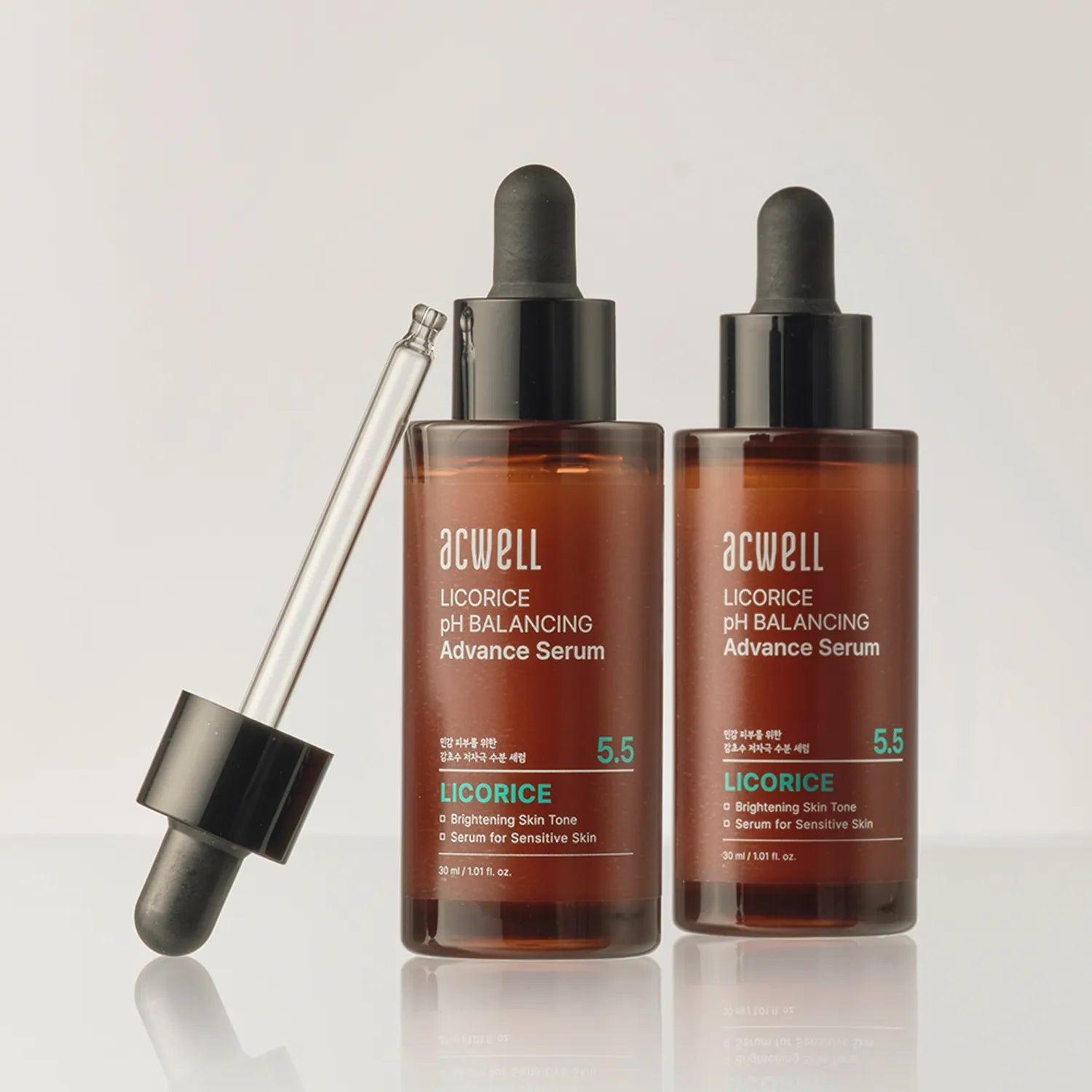 Acwell Licorice pH Balancing Advance Serum in a sleek pump bottle with lightweight texture