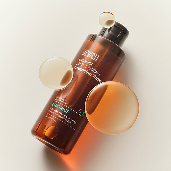 Acwell Licorice pH Balancing Cleansing Toner in brown-tinted bottle with soothing, watery texture
