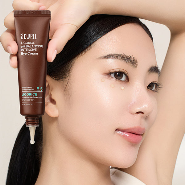 Acwell Licorice pH Balancing Eye Cream tube with creamy, lightweight texture in 30ml size