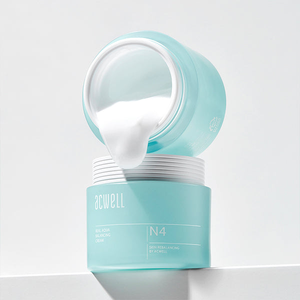 Acwell Real Aqua Balancing Cream in a sleek blue jar with lightweight gel-cream texture