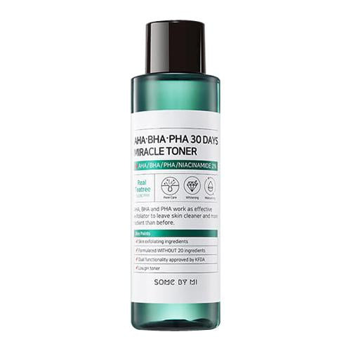 Skincare toner bottle with green cap and detailed label on white background