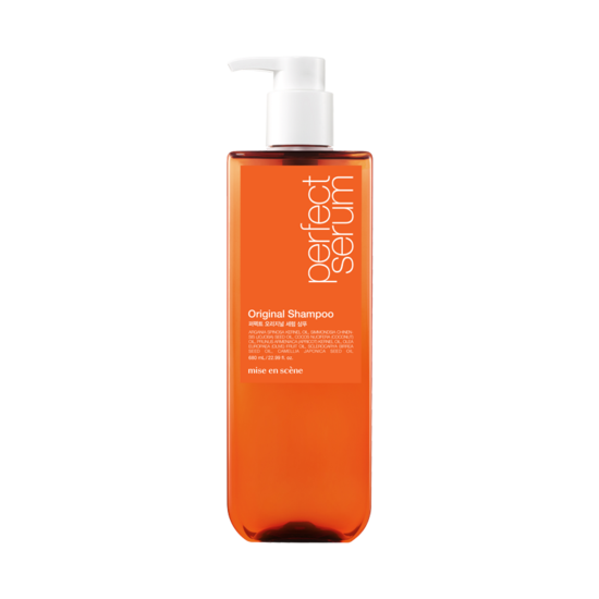 680ml golden bottle of Mise-en-scène Perfect Serum Original Shampoo for nourishing damaged hair