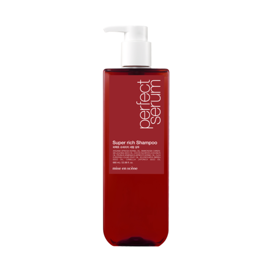 Large 680ml golden bottle of Mise-en-scène Perfect Serum Super Rich Shampoo for dry, damaged hair
