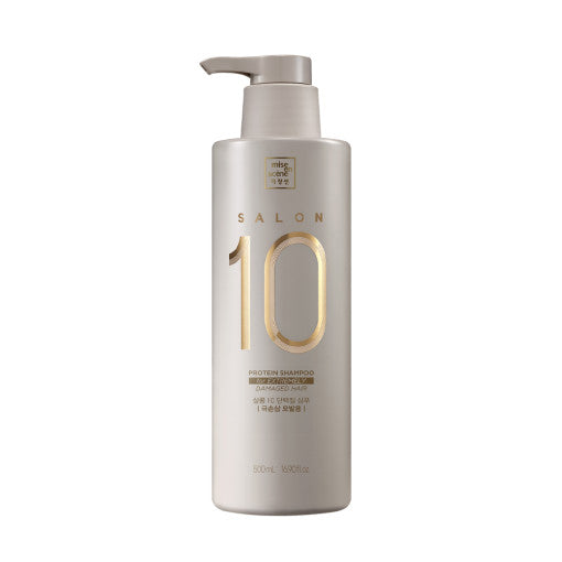 Beige pump bottle of Salon10 Protein Shampoo for thick, damaged hair with rich, foaming texture