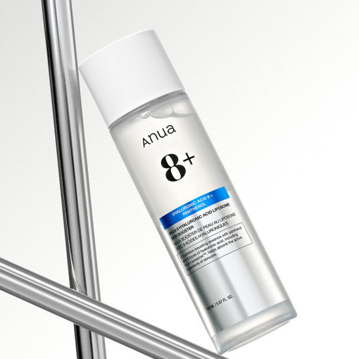 Anua 8 Hyaluronic Acid Liposome Skin Booster bottle with water droplets, showcasing moisturizing Korean skincare essence for sensitive skin.