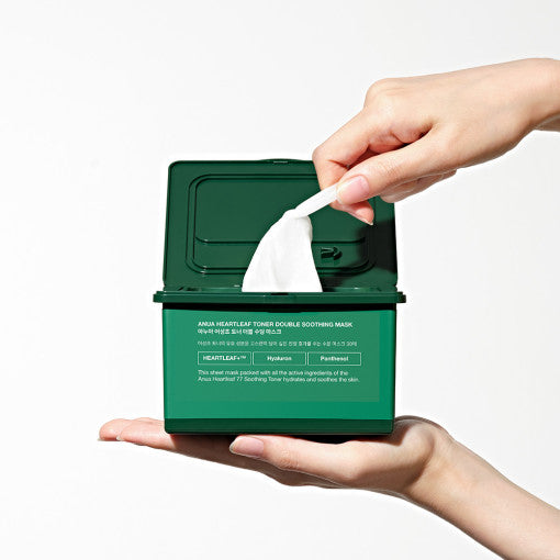 Anua Heartleaf Toner Double Soothing Mask for Korean skincare, soothing redness and hydrating sensitive skin.