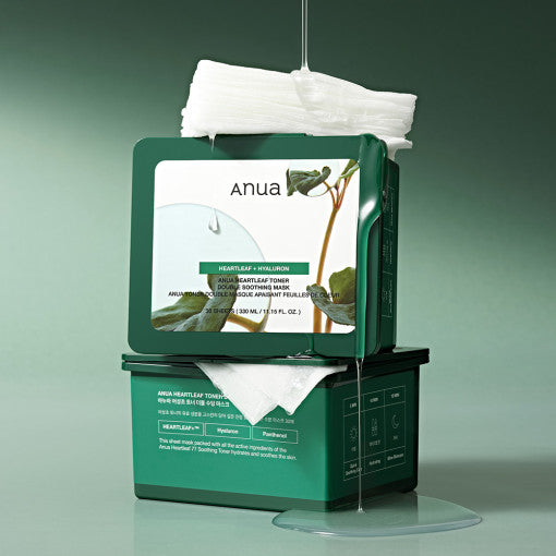 Anua Heartleaf Toner Double Soothing Mask for Korean skincare, soothing redness and hydrating sensitive skin.