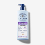 A bottle of Dr.Groot Scalp Solution Shampoo for Sensitive Scalp, 700ml, with a pump dispenser, predominantly in blue and white packaging.