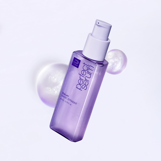 Purple serum bottle with white cap on a light purple background.