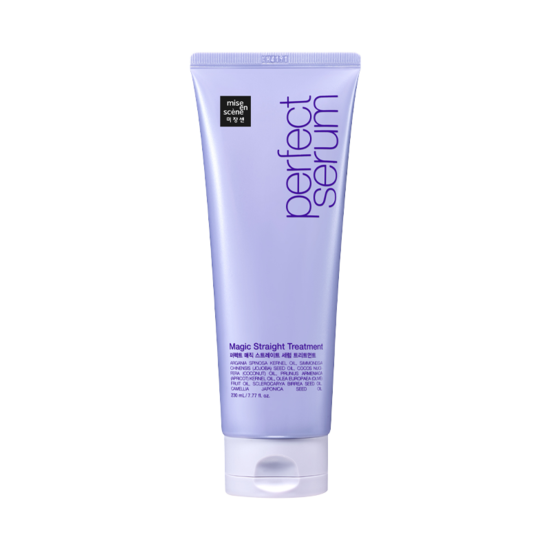 A tube of Mise-en-scene Perfect Magic Straight Serum Treatment with purple and white labeling.
